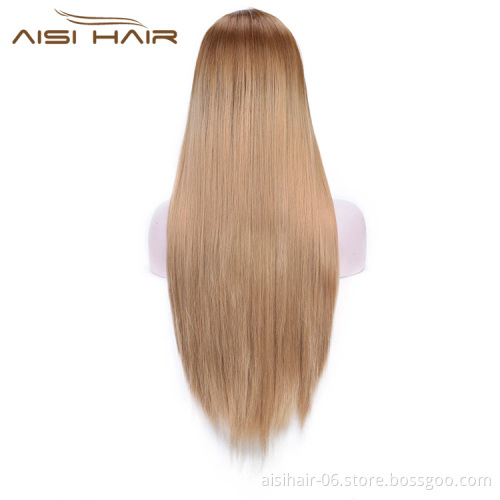 Aisi Hair Ombre Brown Lace Front Long Straight Wig High Temperature Fiber Synthetic Silk Straight Lace Front Long Wigs for Women